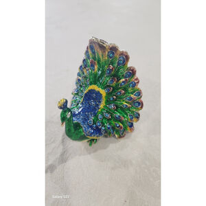 Peacock Trinket Box Green Blue, EUC
